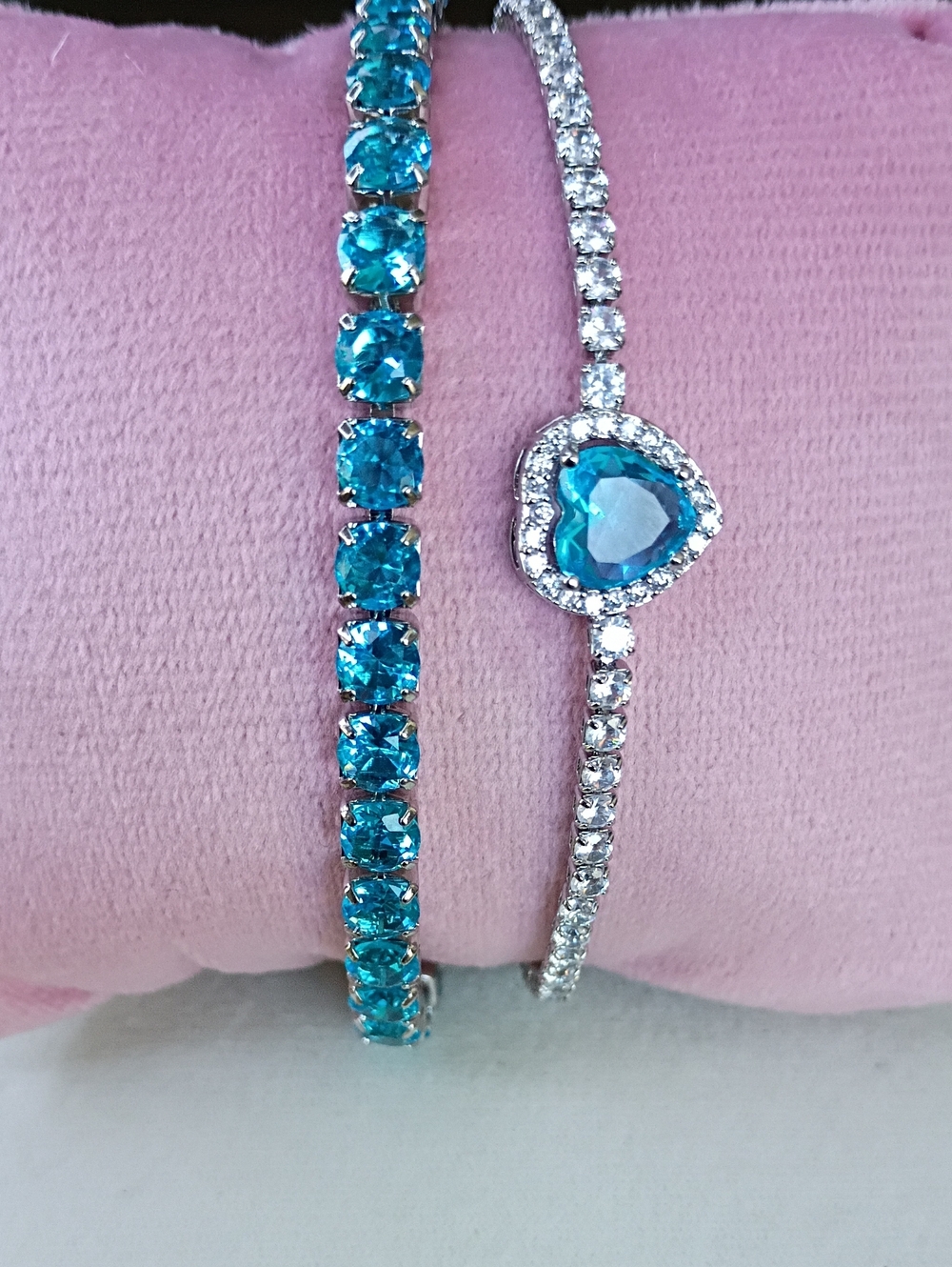 New Silver-Tone Blue Heart Crystal Bracelet Duo - Women Jewelry